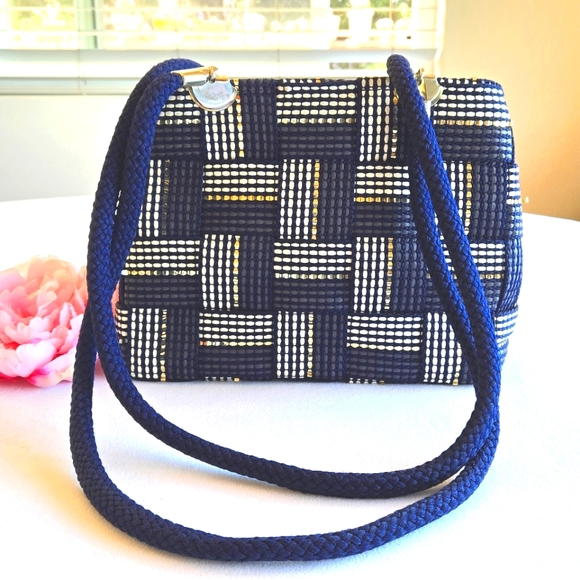 Vintage Woven Basket Weave Raffia Double Rope Handle Bag Navy - Picture 1 of 9